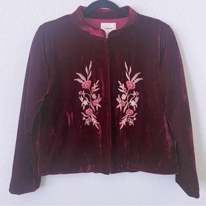 I. Madeline Velvet Boho Floral Embroidered Blazer Jacket Wine Red